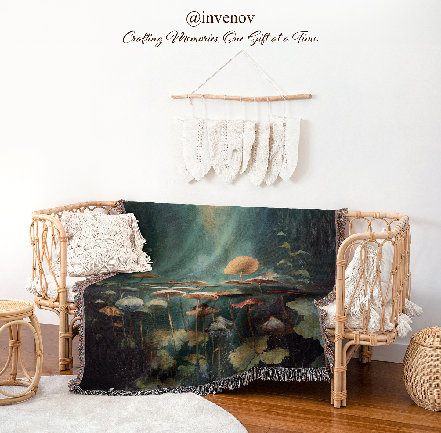 Mushroom-themed blanket draped over a wicker chair
