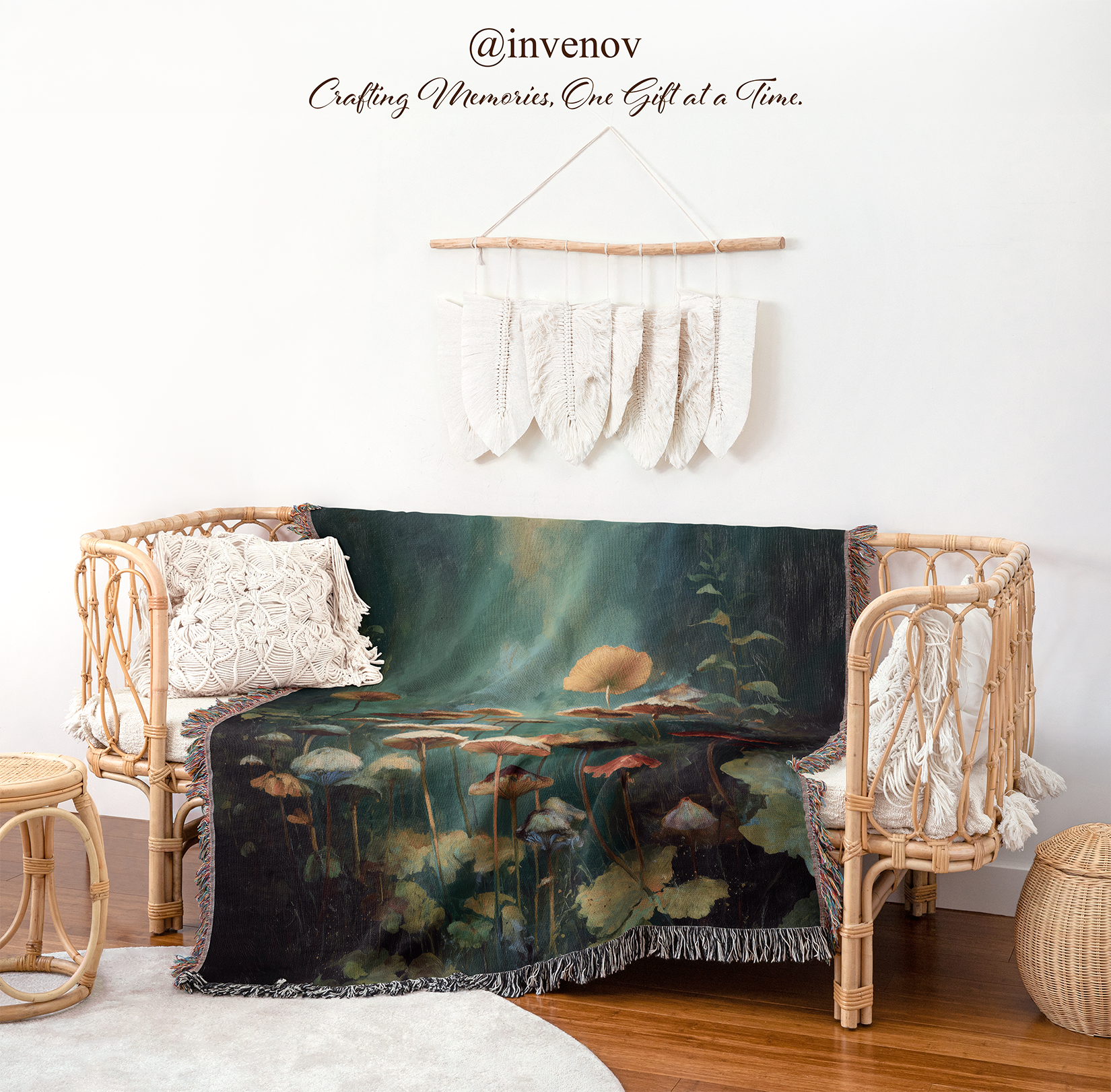 Mushroom-themed blanket draped over a wicker chair
