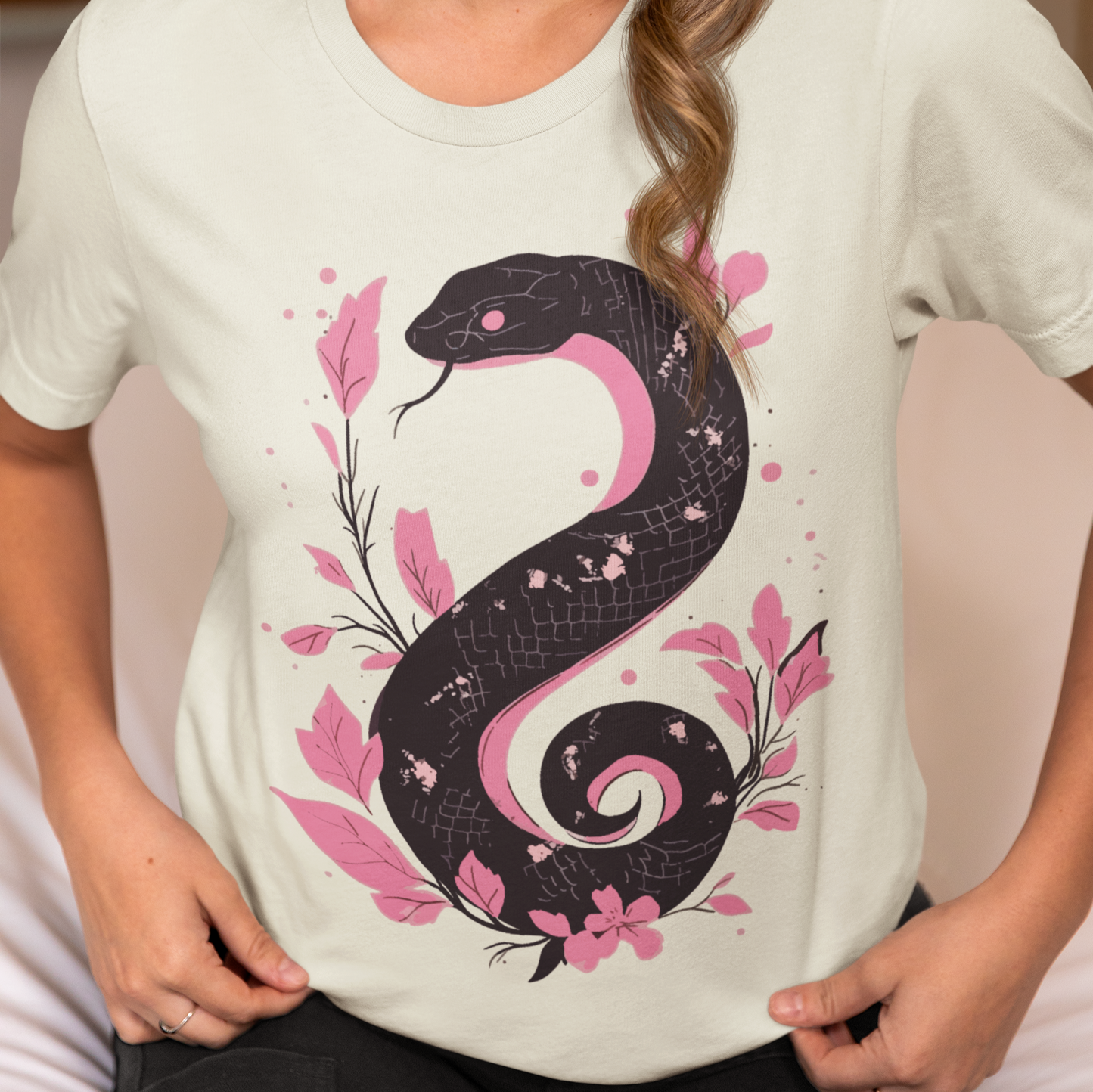 Chinese New Year Shirt, Snake Graphic T-Shirt, Lunar New Year Shirt, Minimalistic Black and Pink Tee, Abstract Floral Art, Year of the Snake