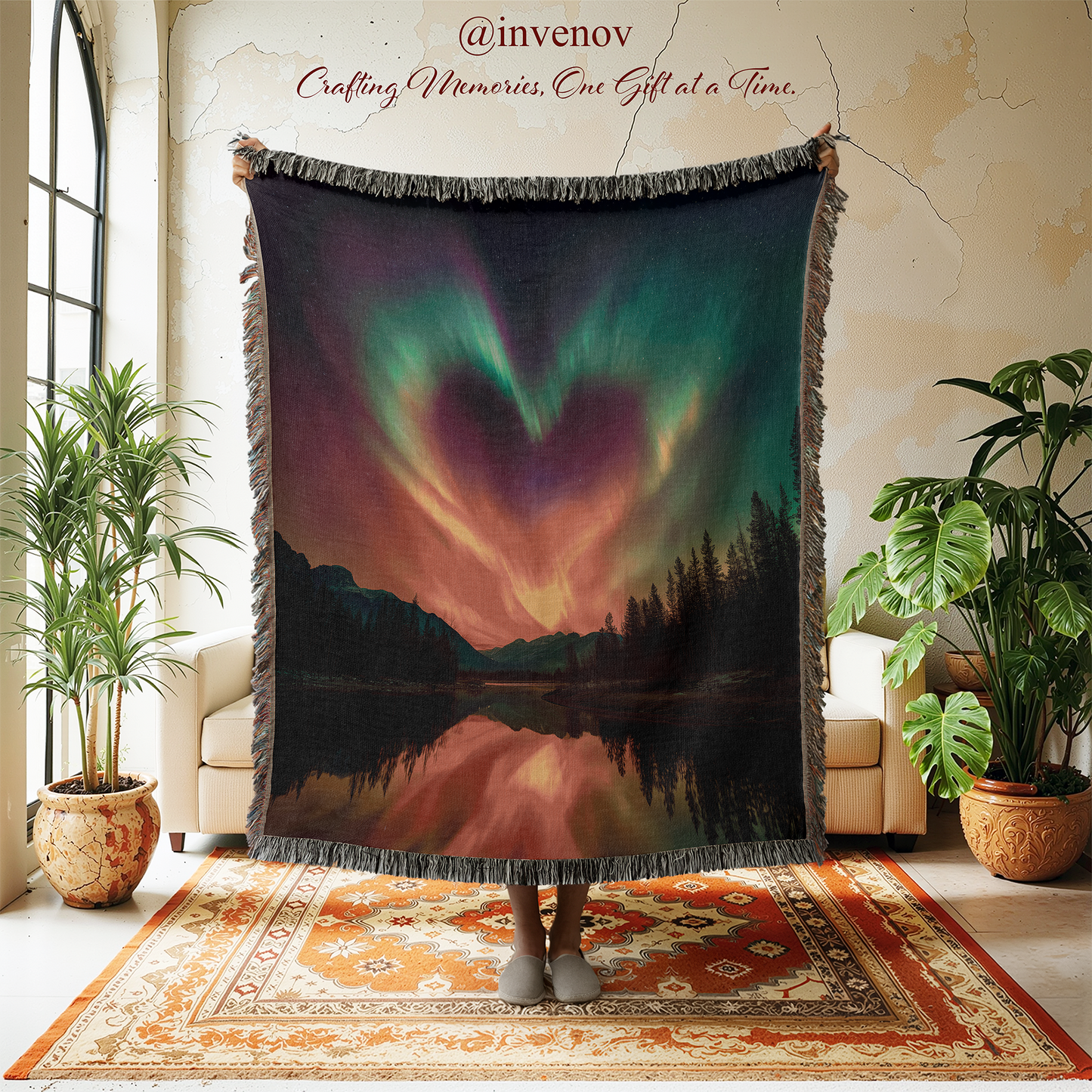 Person holding a tapestry with a heart-shaped Aurora Borealis design in a room with plants and a rug.