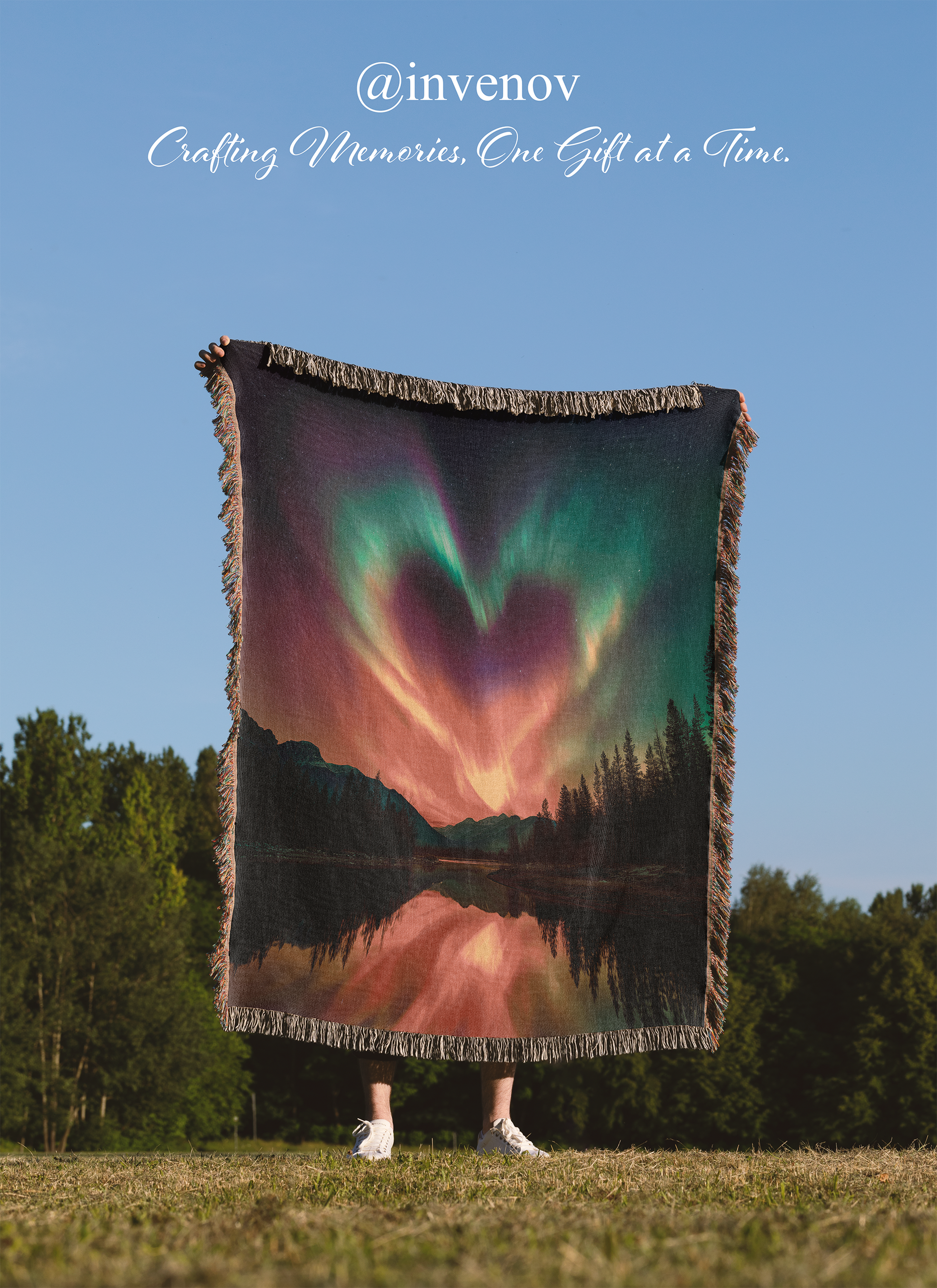 Person holding a blanket with a heart-shaped Aurora Borealis design over a scenic landscape.