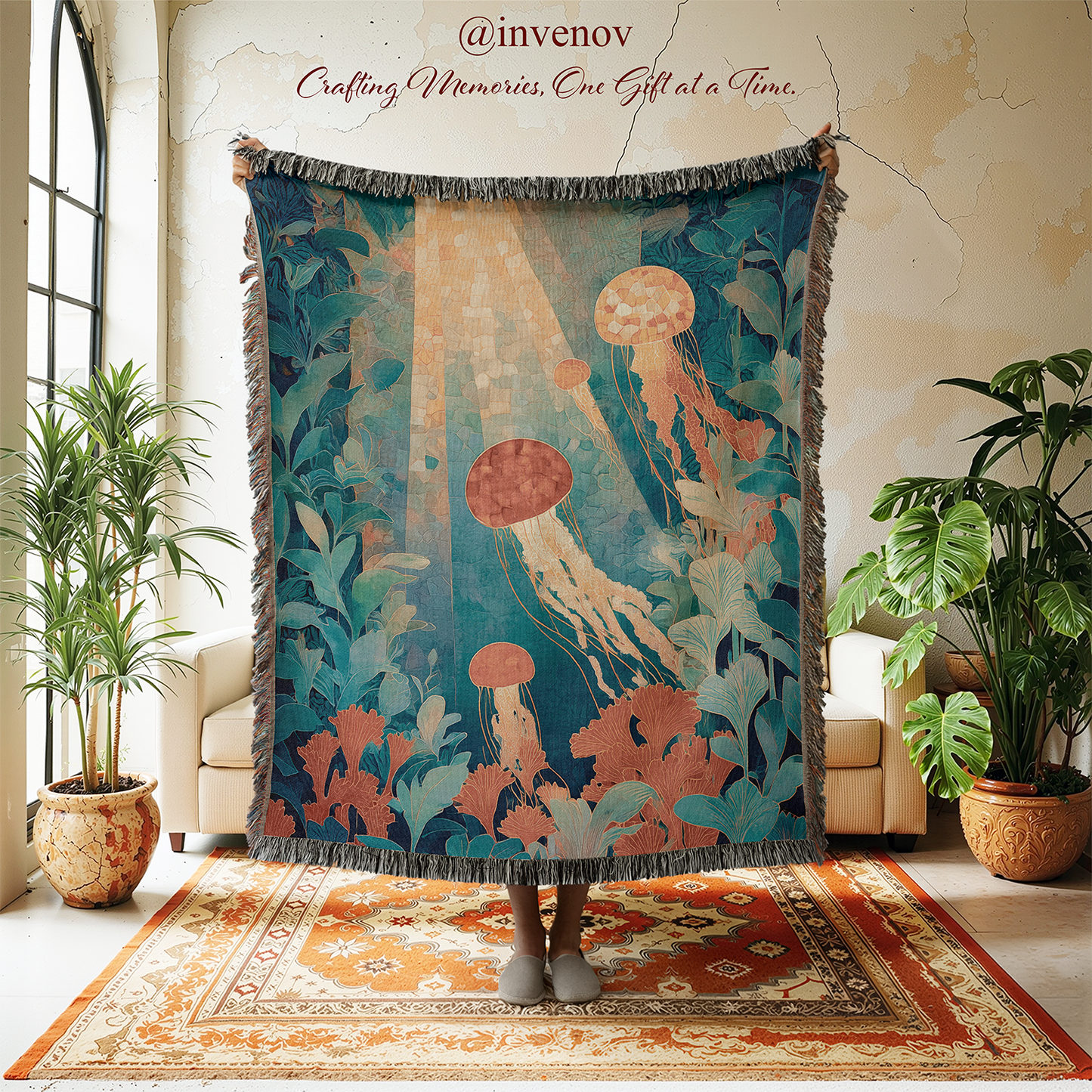 Decorative tapestry with jellyfish design in a room with plants and furniture.