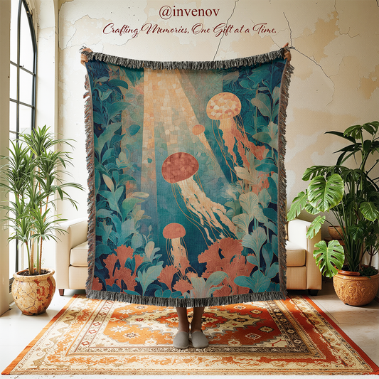Decorative tapestry with jellyfish design in a room with plants and furniture.