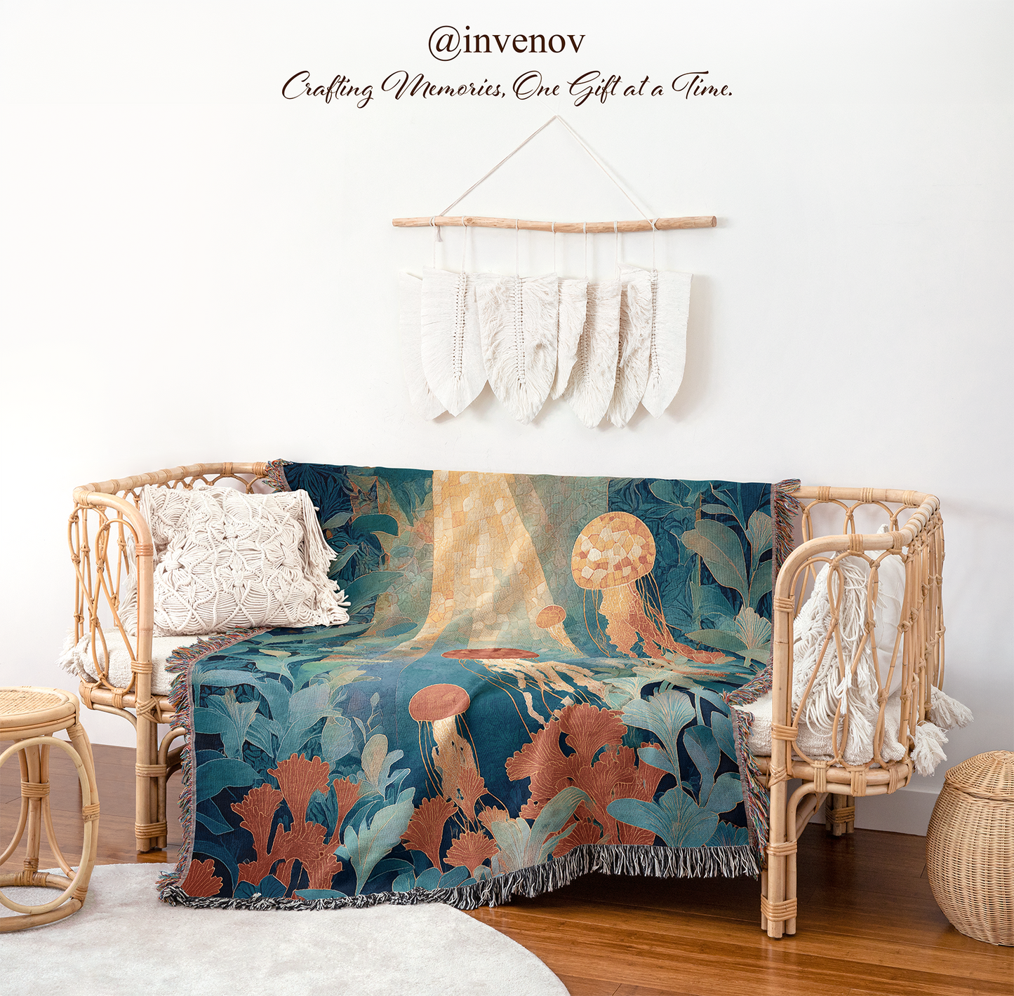 Decorative blanket with ocean-themed design on a chair