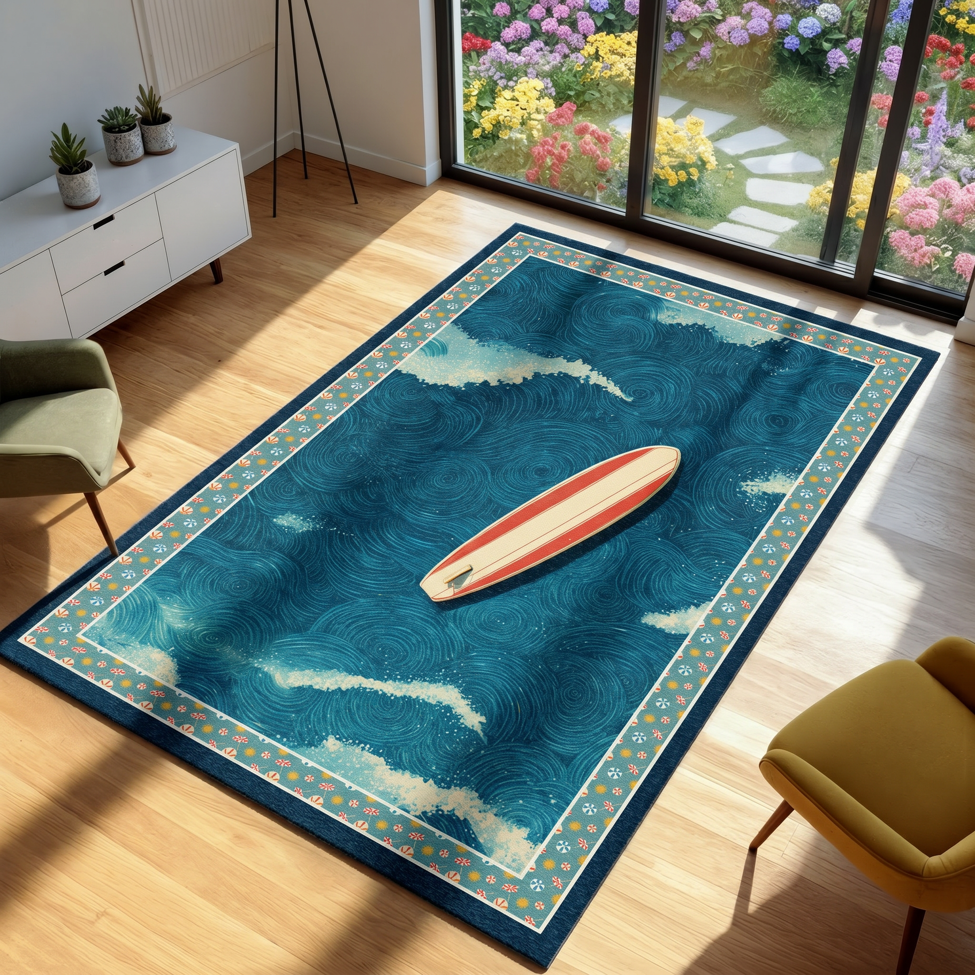 Decorative rug with a surfboard design on a wooden floor