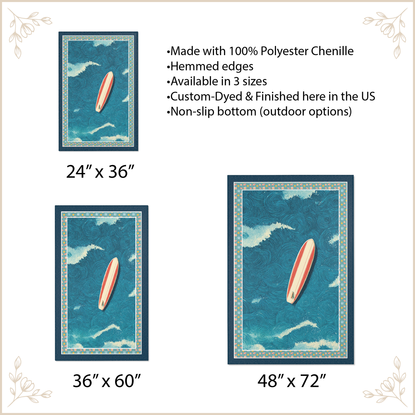 Rug with surfboard design and size options displayed.
