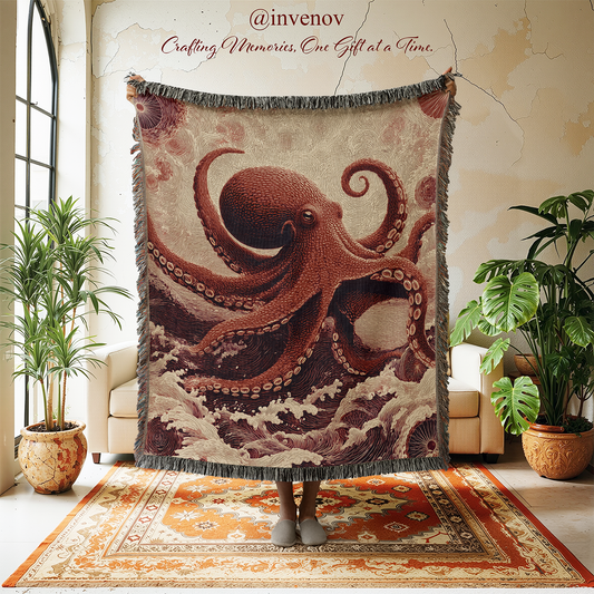woven blanket with octopus graphic