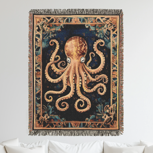 Octopus Woven Blanket, Vintage Style Home Decor, Oceanic Throw Blanket, Elegant Ornate Wall Hanging, Majestic Sea Creature Tapestry