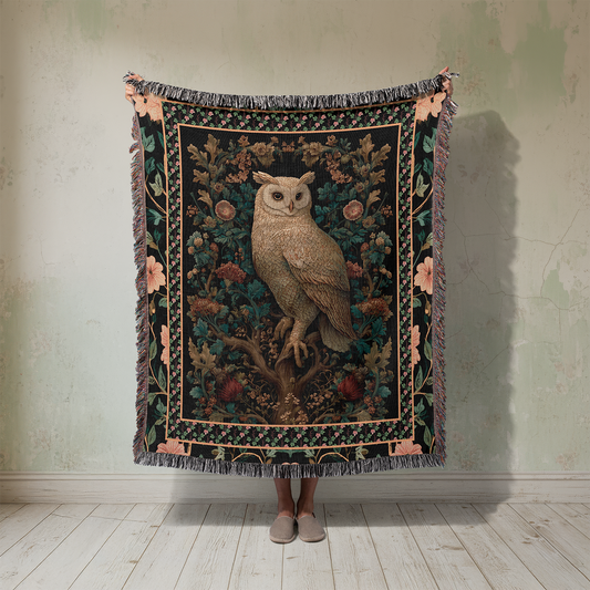 Owl Woven Blanket, Dark Academia Tapestry, Moody Botanical Jacquard Throw, Dark Cottagecore Wall Hanging, Bird Lover Gift, Sofa Bed Decor