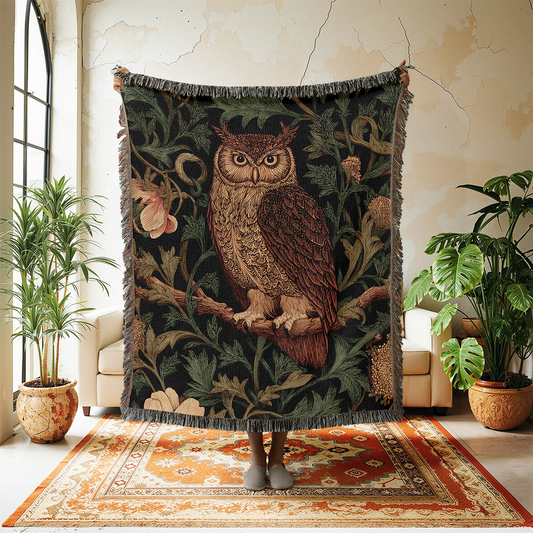 Owl Woven Blanket, Vintage Artistic Style Jacquard Tapestry, Dark Academia Decor, Dark Cottagecore Throw, Botanical Bird Art Wall Hanging