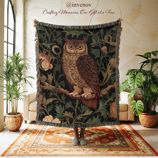 Decorative owl tapestry in a room with plants and furniture.