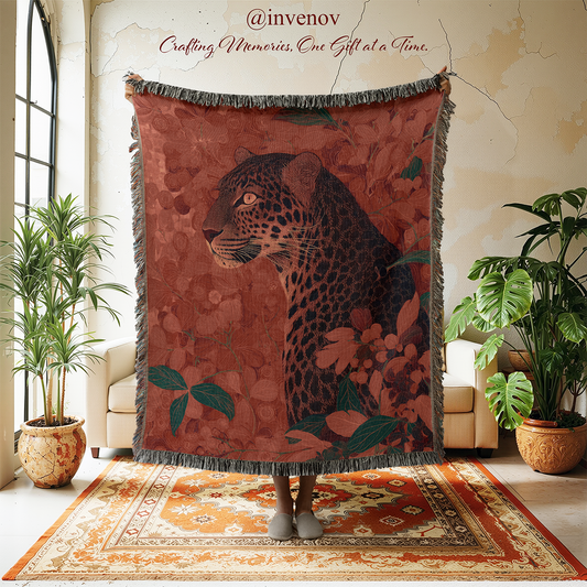 Decorative leopard-themed throw blanket displayed in a room with plants and furniture.