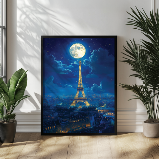 Paris Night View Poster, Eiffel Tower Illuminated in Golden Lights Wall Art, Celestial Paris Art Print, Romantic Paris Home Office Decor