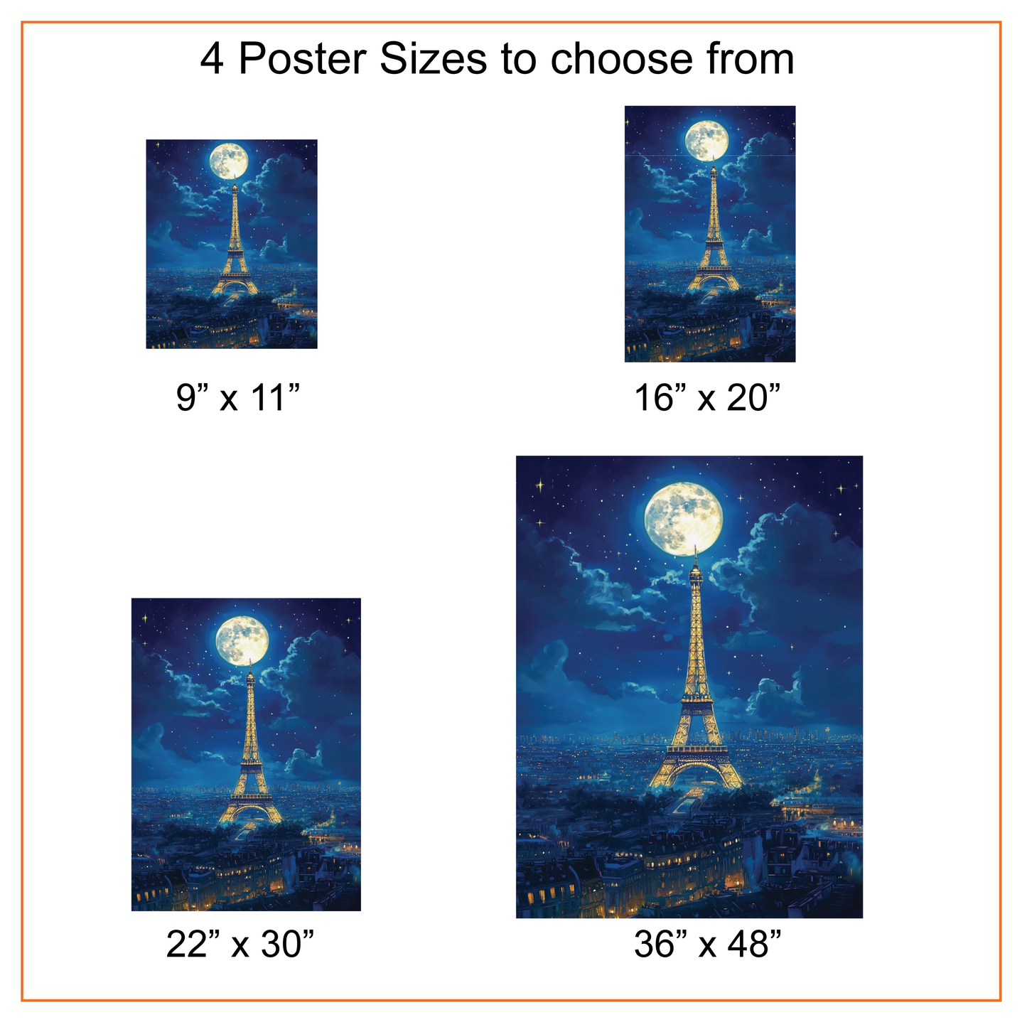 Poster of the Eiffel Tower under a moonlit sky with four different sizes displayed.