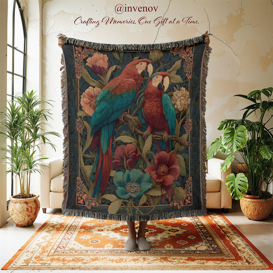 Decorative tapestry with parrots and flowers in a room with plants and furniture.
