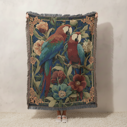 Parrot Woven Blanket, Vintage Style Floral Tapestry, Tropical Bird Throw, Bohemian Home Decor, Scarlet Macaw Wall Hanging Art