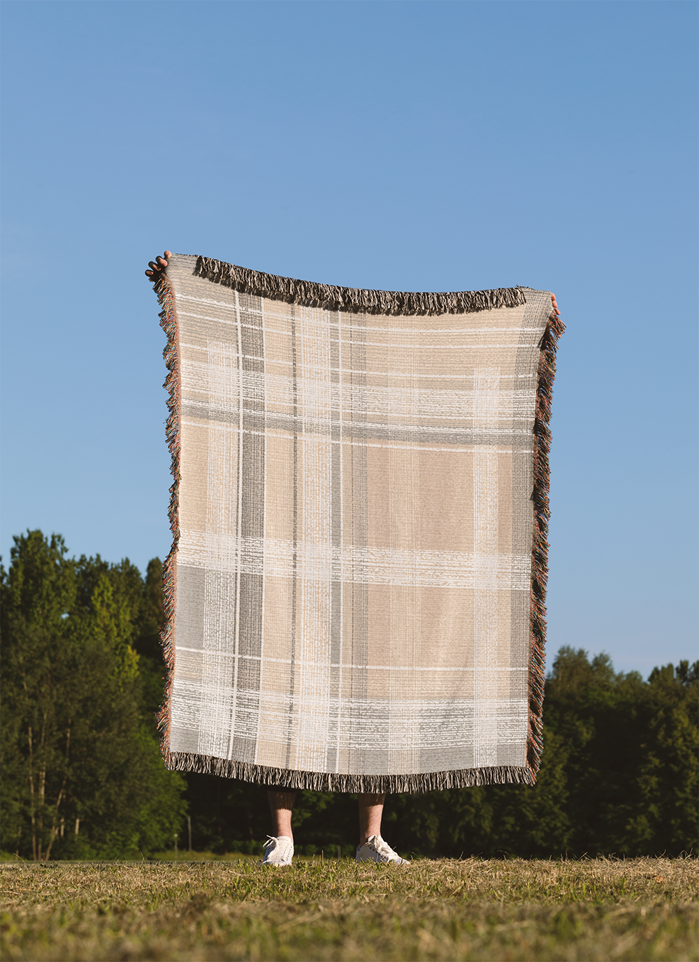 Neutral Plaid Style Woven Jacquard Blanket, Modern Japanese Farmhouse Tapestry Woven Throw, Abstract Wall Hanging, Minimalist Home Decor