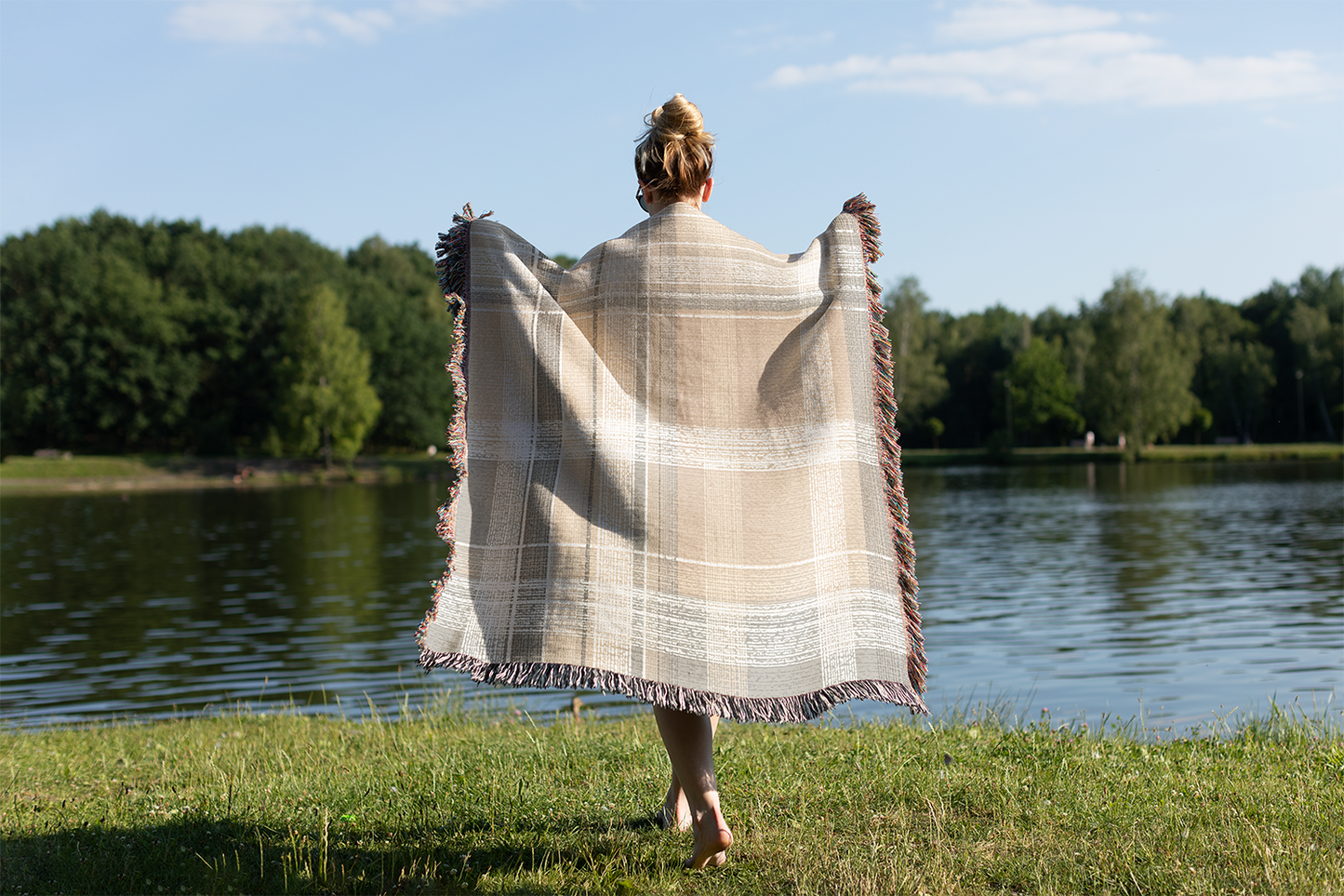 Neutral Plaid Style Woven Jacquard Blanket, Modern Japanese Farmhouse Tapestry Woven Throw, Abstract Wall Hanging, Minimalist Home Decor