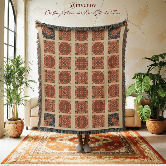 Vintage Style Tile Pattern Woven Blanket, Boho Moroccan Style Throw, Patchwork Tapestry, Spanish Azulejo Style Decor, Eclectic Living Room