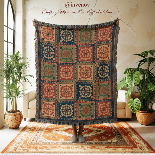 Granny Style Woven Blanket, Vintage Square Tile Patchwork Throw, Boho Eclectic Navy Mustard Tapestry, Retro Pattern Style Decor Gift