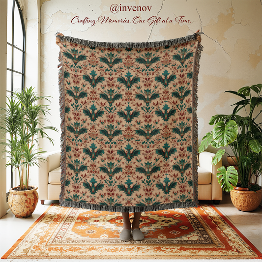 Gothic Bat Damask Style Woven Blanket, Subtle Victorian Tapestry, Vintage Style Jacquard Throw, Boho Floral Pattern Throw, Bat Lover Gift