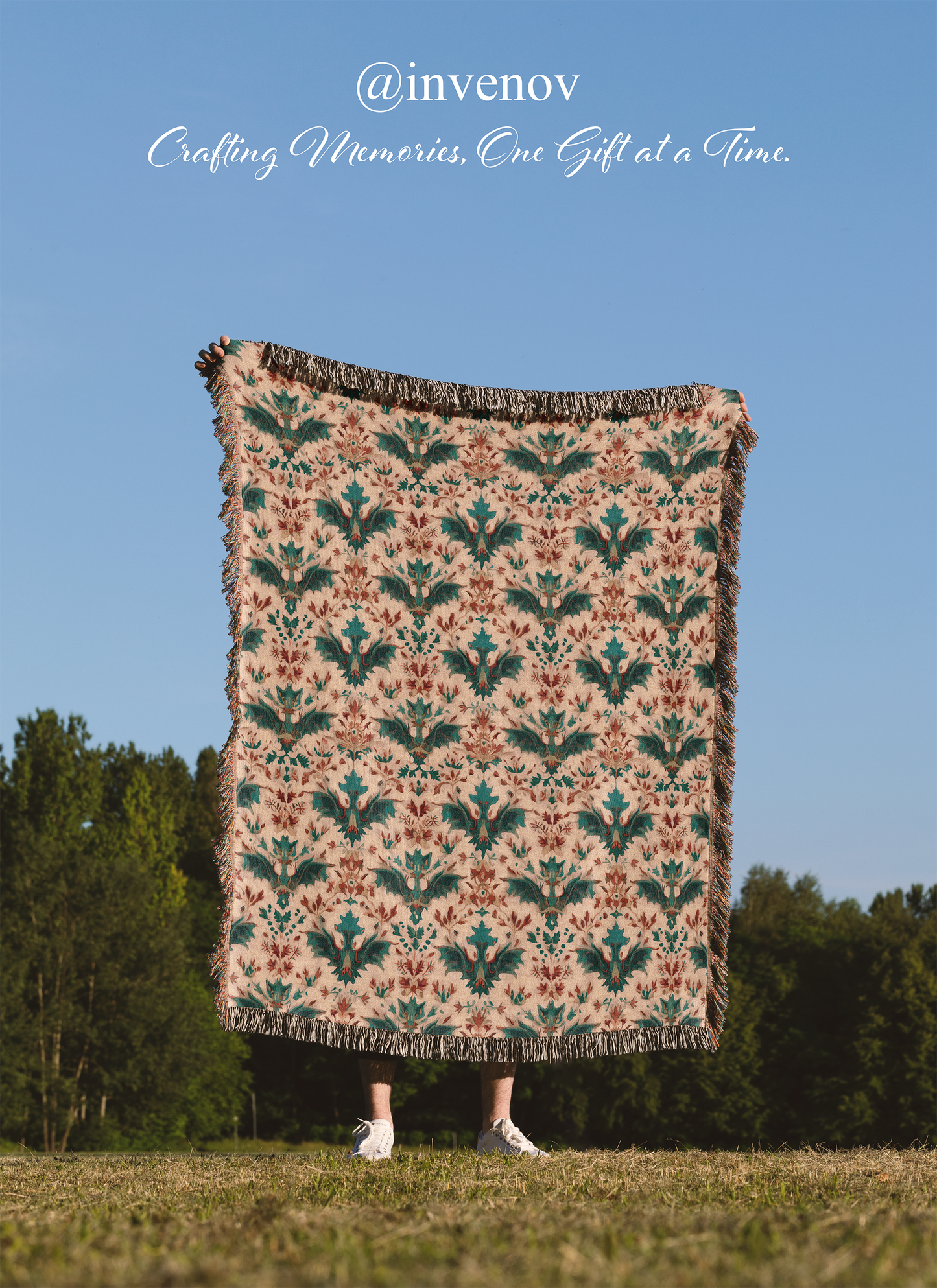 Gothic Bat Damask Style Woven Blanket, Subtle Victorian Tapestry, Vintage Style Jacquard Throw, Boho Floral Pattern Throw, Bat Lover Gift