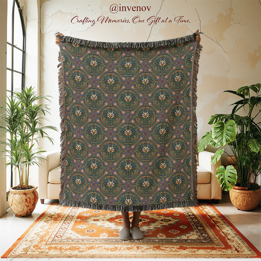 Art Nouveau Style Woven Blanket, Sage Green Floral Tapestry, Arts and Crafts Decor, Vintage Botanical Throw, Cottagecore Bedding Gift