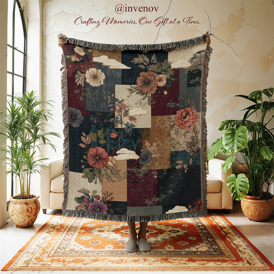 Floral patterned tapestry in a room with plants and furniture.