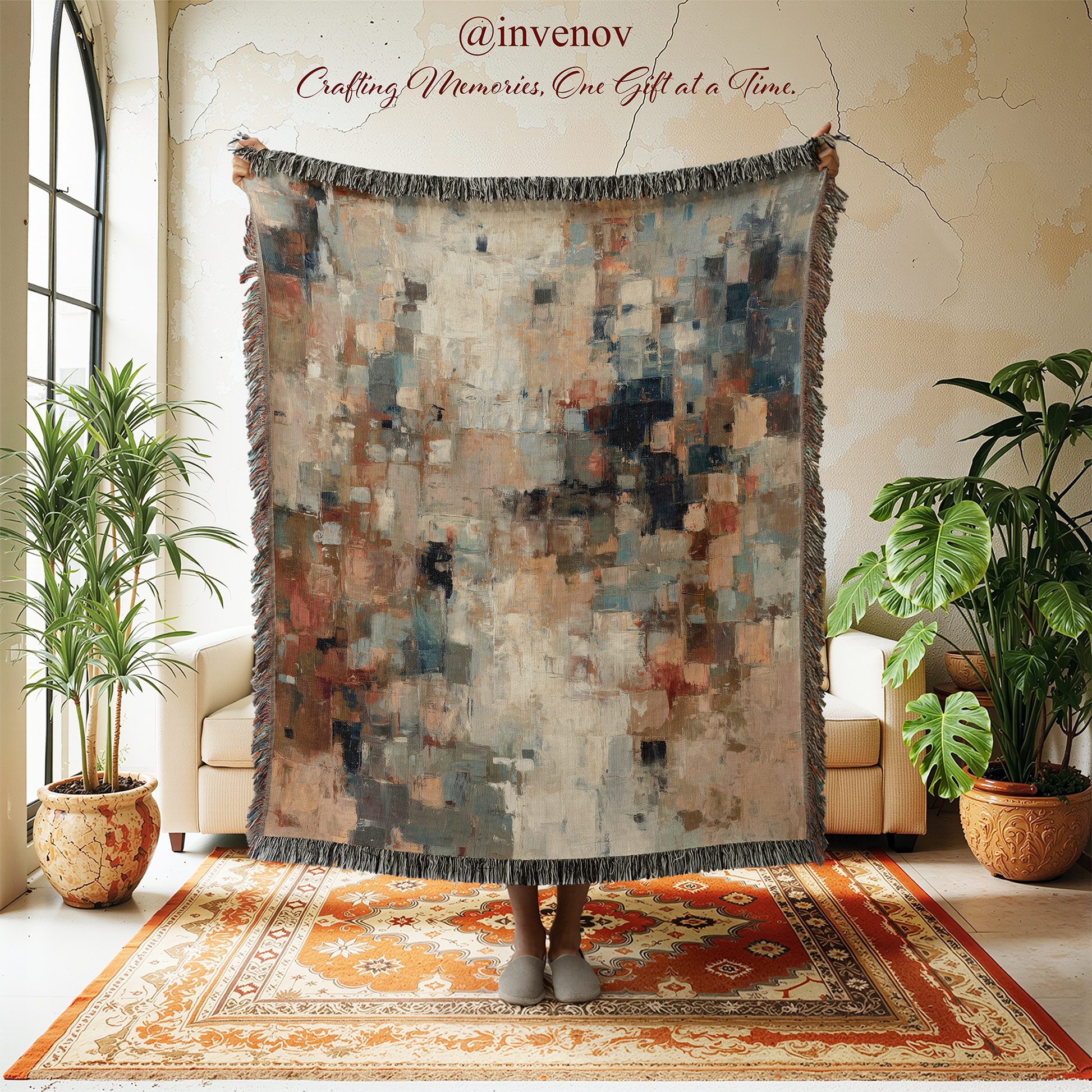 Multicolored woven blanket displayed in a room with plants and furniture.