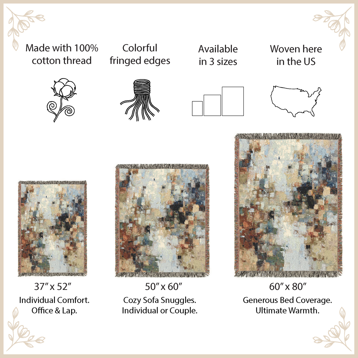 Blanket with colorful fringed edges, made with 100% cotton thread, available in three sizes, woven in the US.