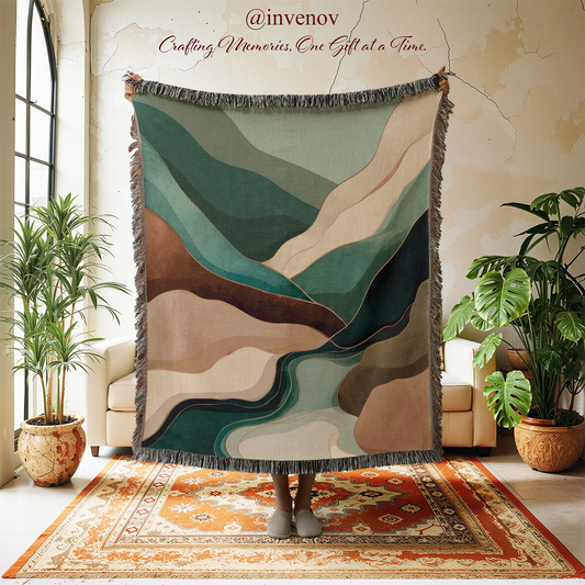 Colorful abstract tapestry in a room with plants and furniture.