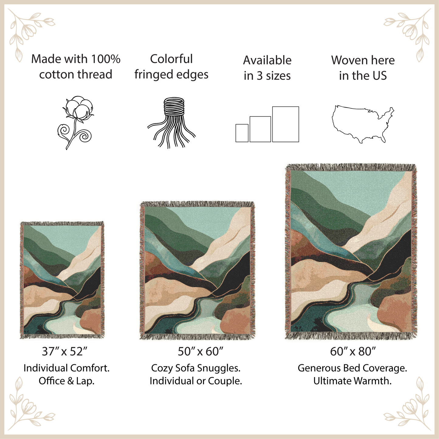 Woven blanket with color swatches and size information on a beige background
