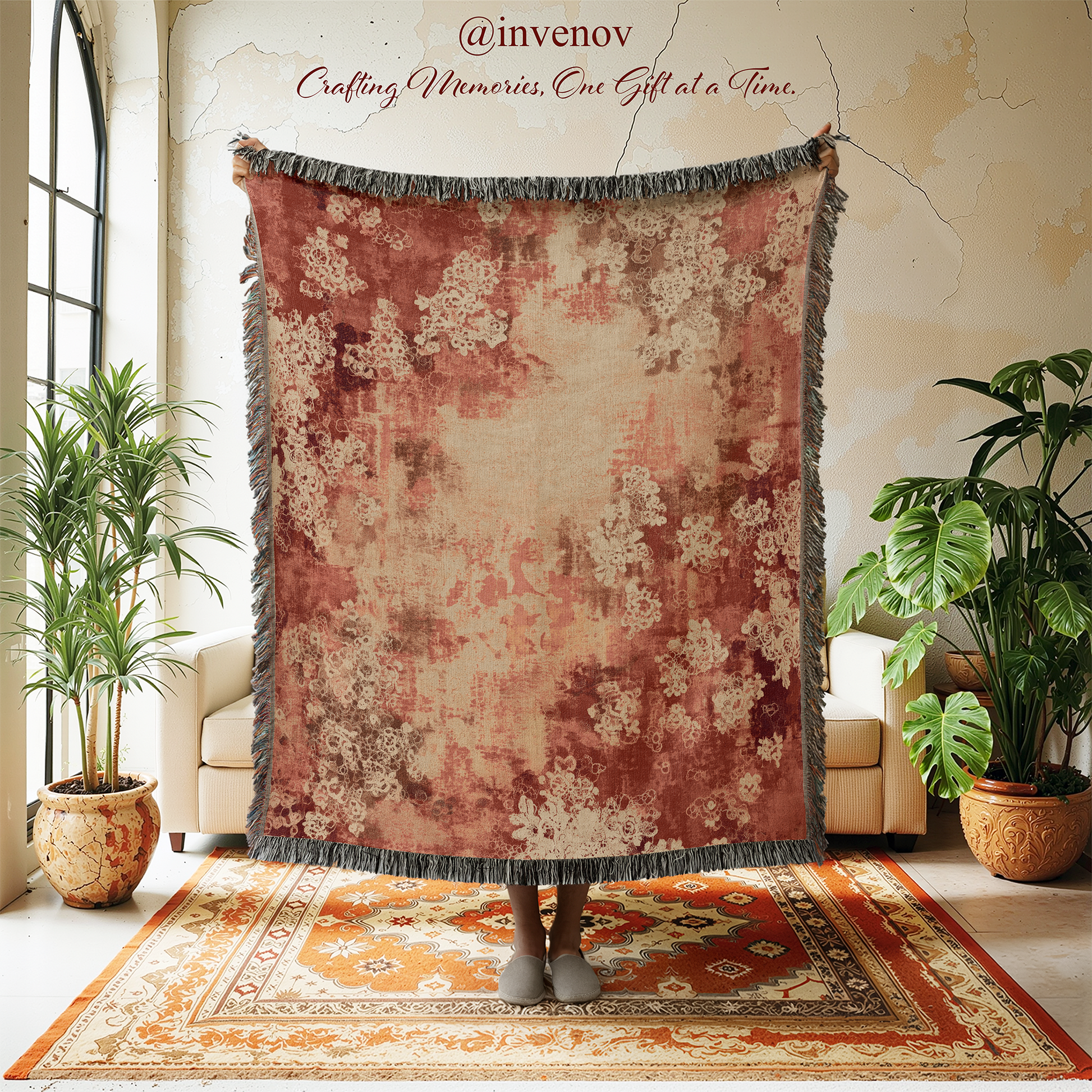 Decorative throw blanket with floral pattern in a room with plants and furniture.