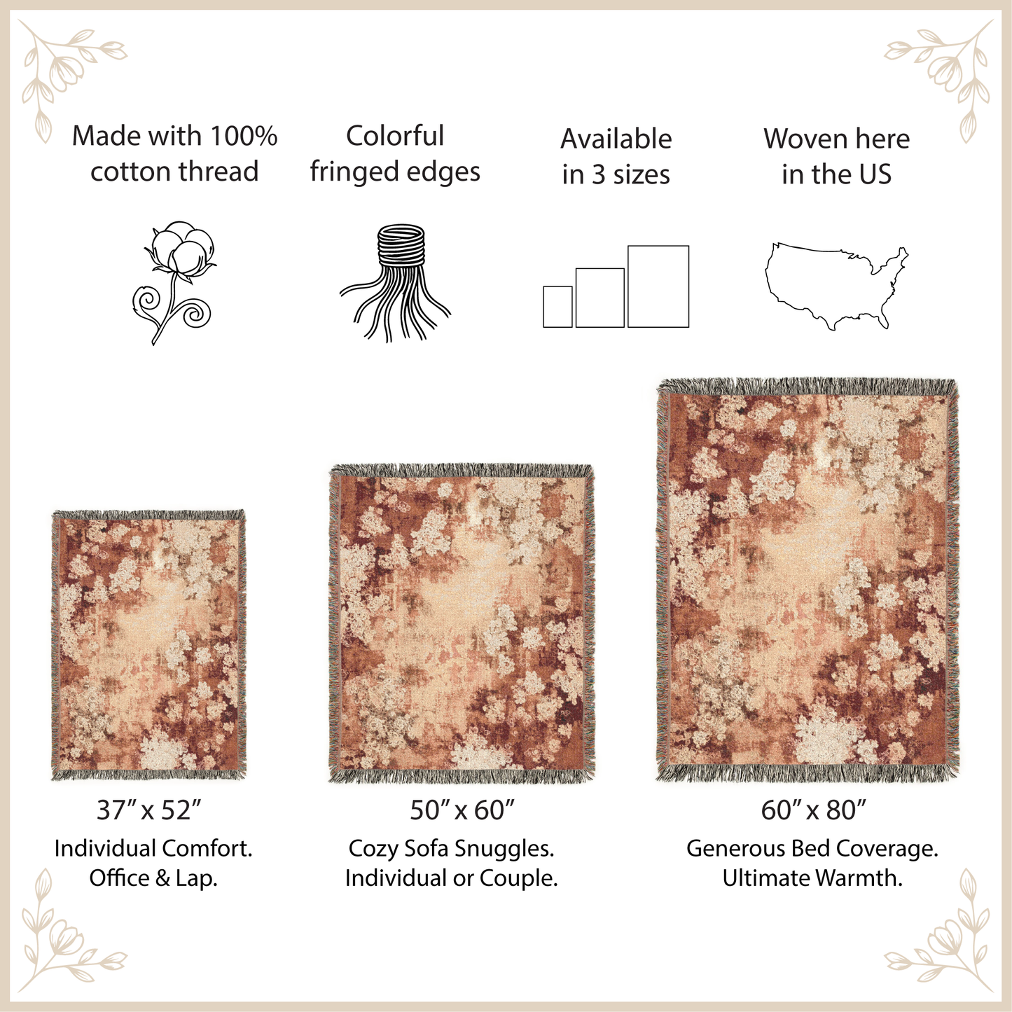 Woven Blanket with fringed edges and size options displayed on a beige background