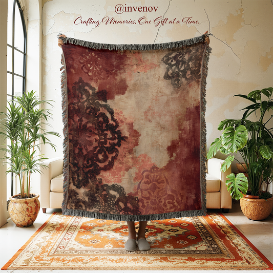 Decorative throw blanket with intricate patterns in a room with plants and furniture.