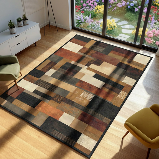 Multicolored geometric rug on a wooden floor with a garden view outside.
