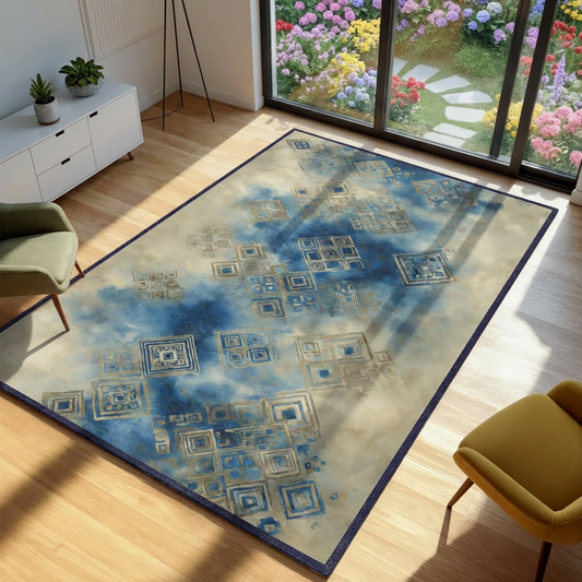 Decorative rug with geometric pattern on a wooden floor in a room with a garden view.