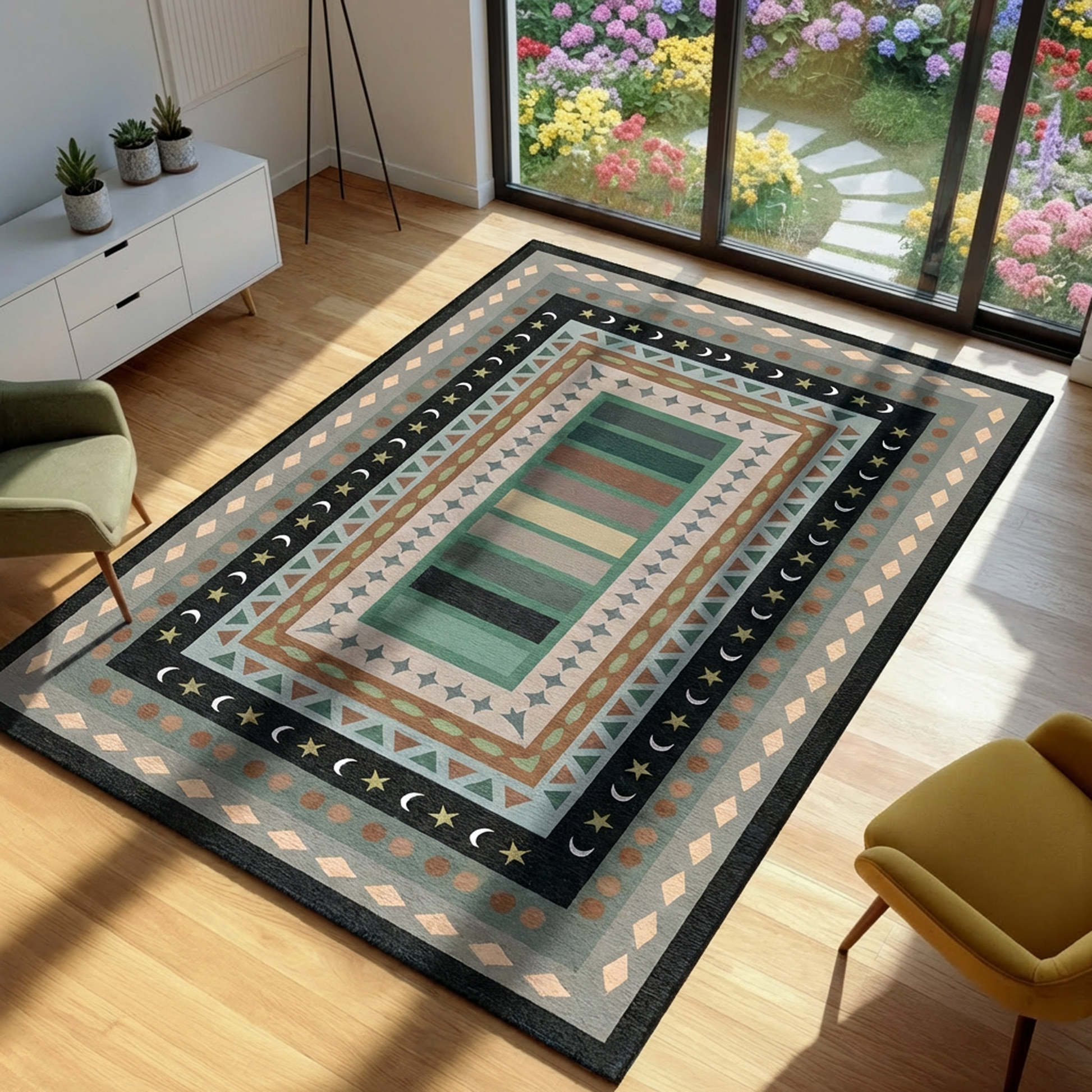 Decorative rug with geometric pattern on a wooden floor in a room with a garden view.