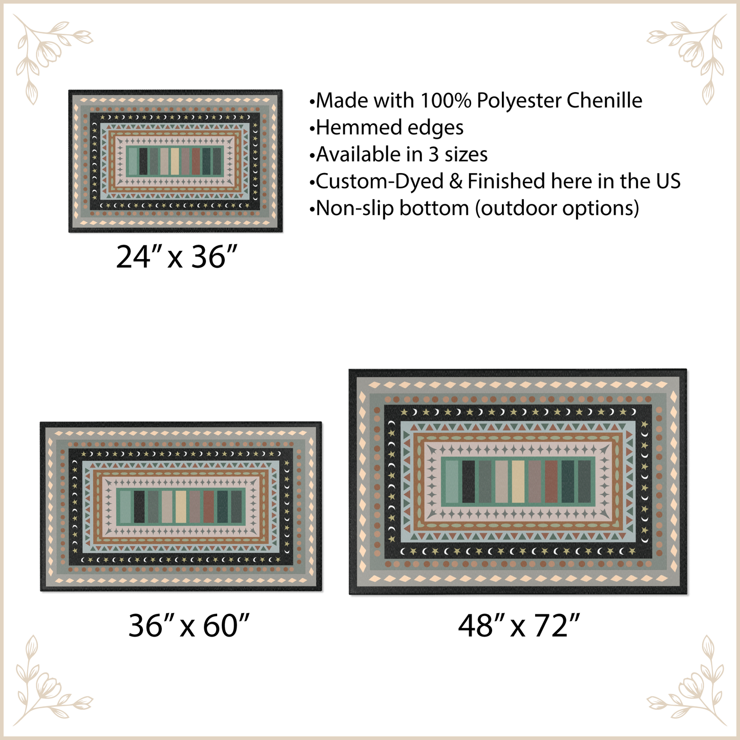 Rug with decorative pattern and size specifications on a beige background