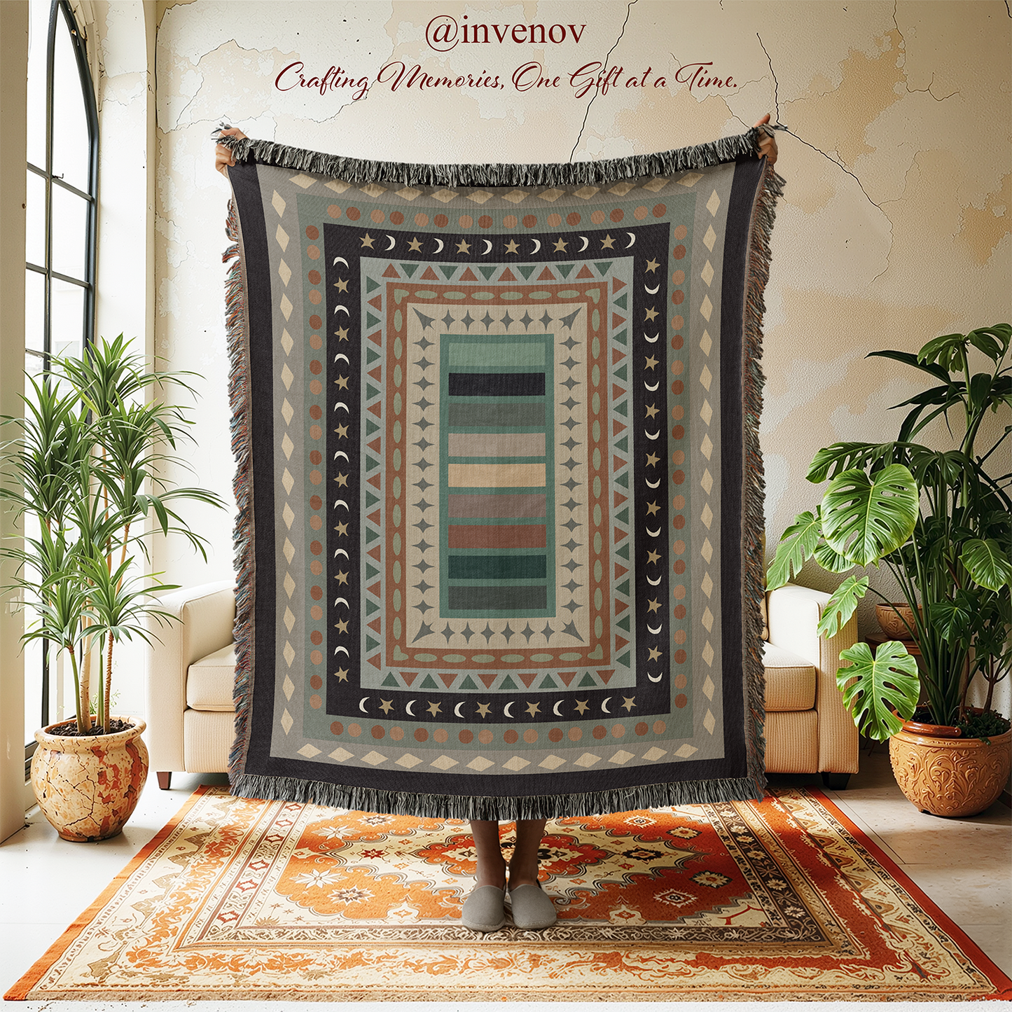 Decorative tapestry with geometric pattern in a room with plants and furniture.