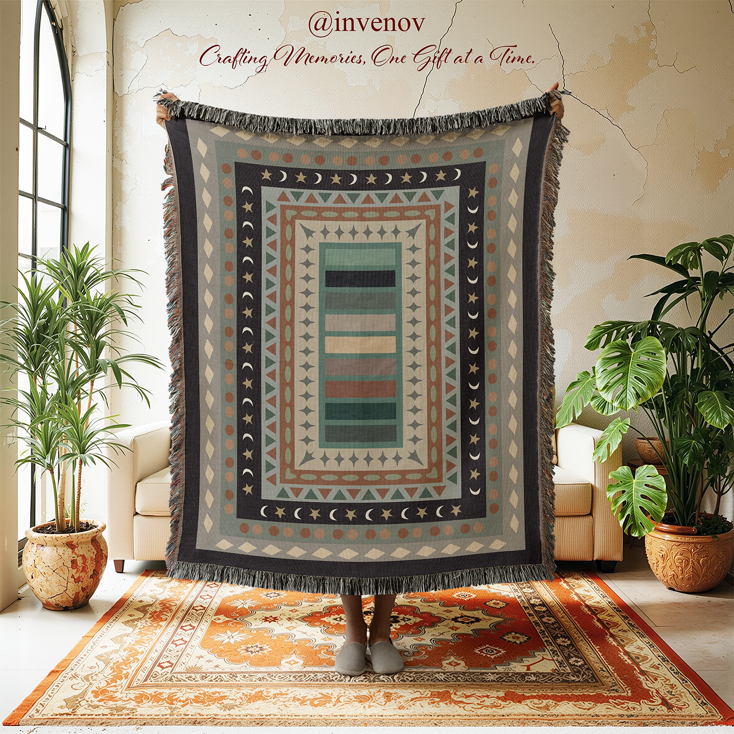 Decorative tapestry with geometric pattern in a room with plants and furniture.