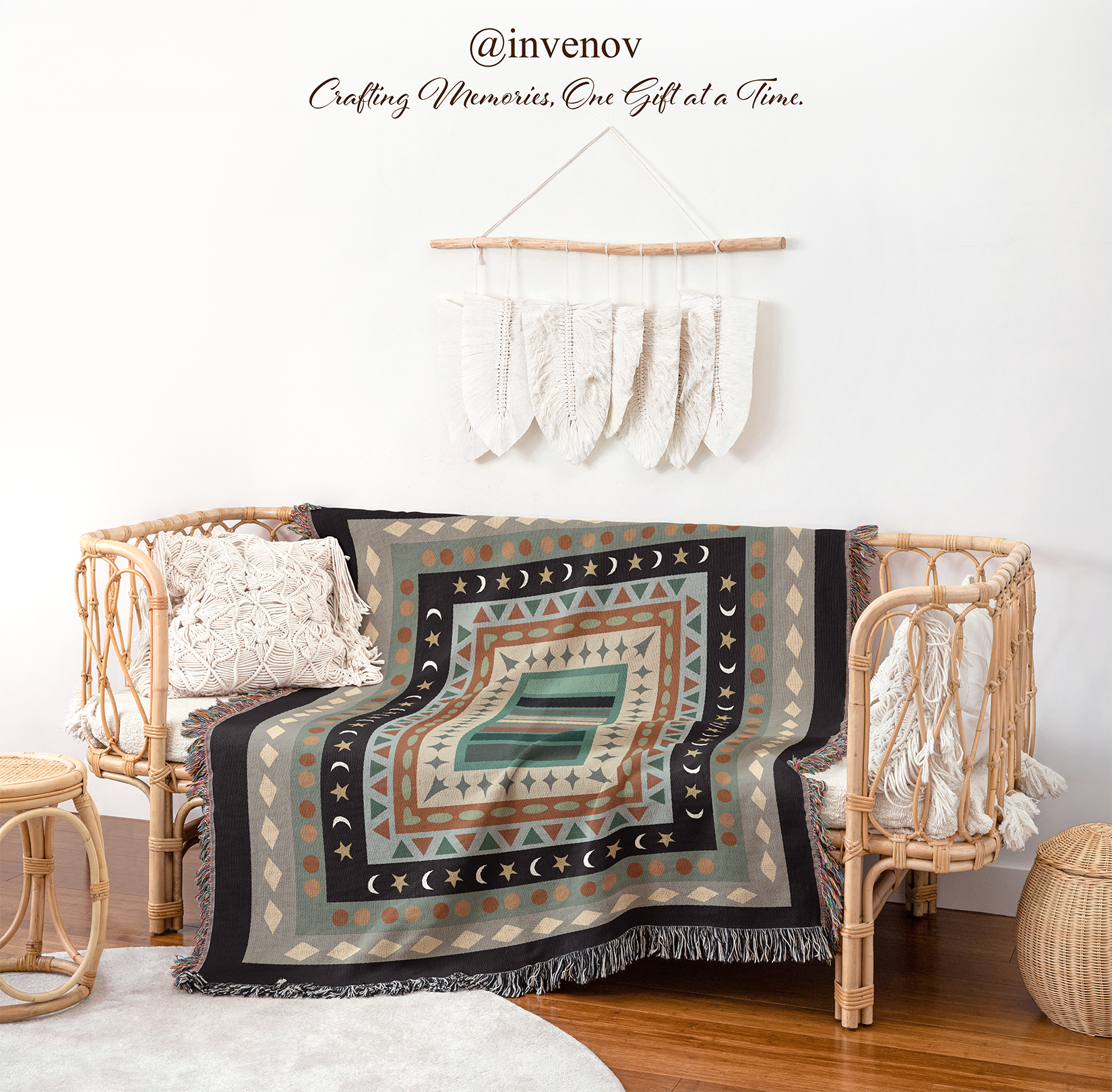 Decorative blanket with geometric pattern draped over a chair in a room with wicker furniture and white walls.