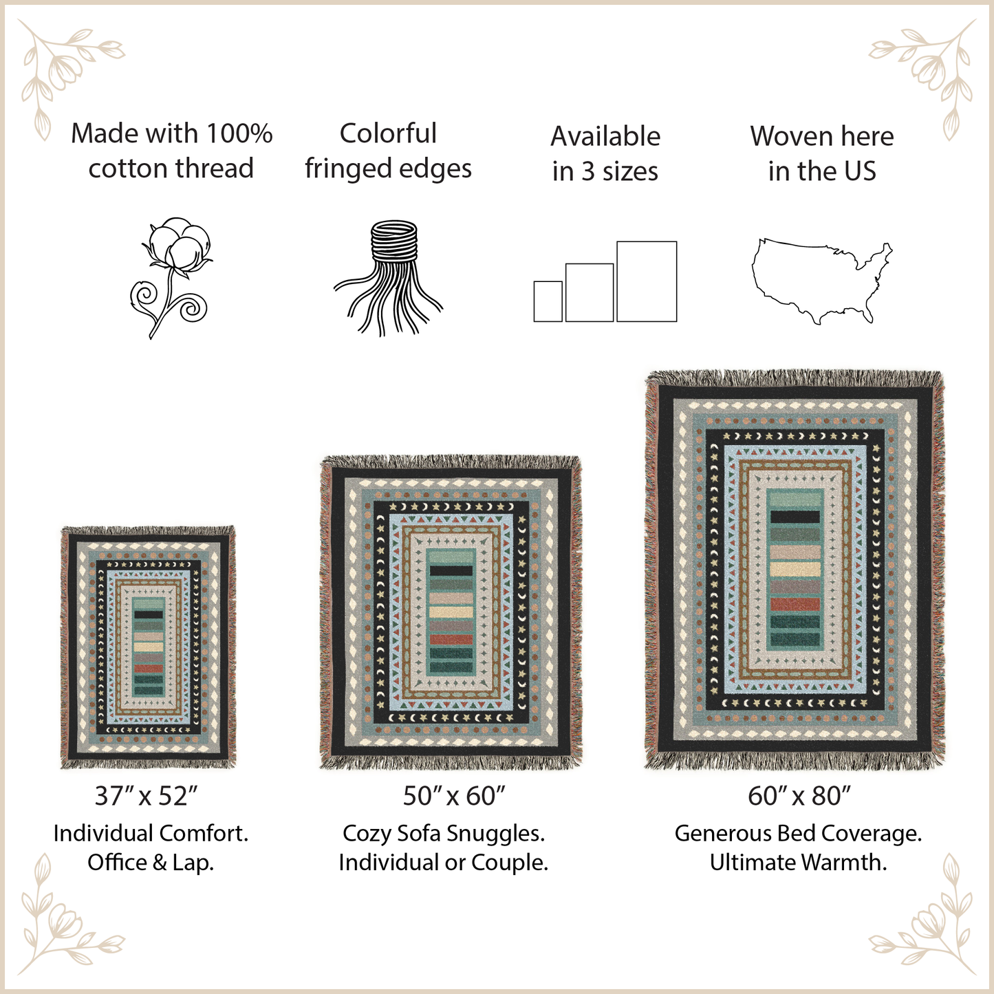 Text and images of woven blankets with size options and features.