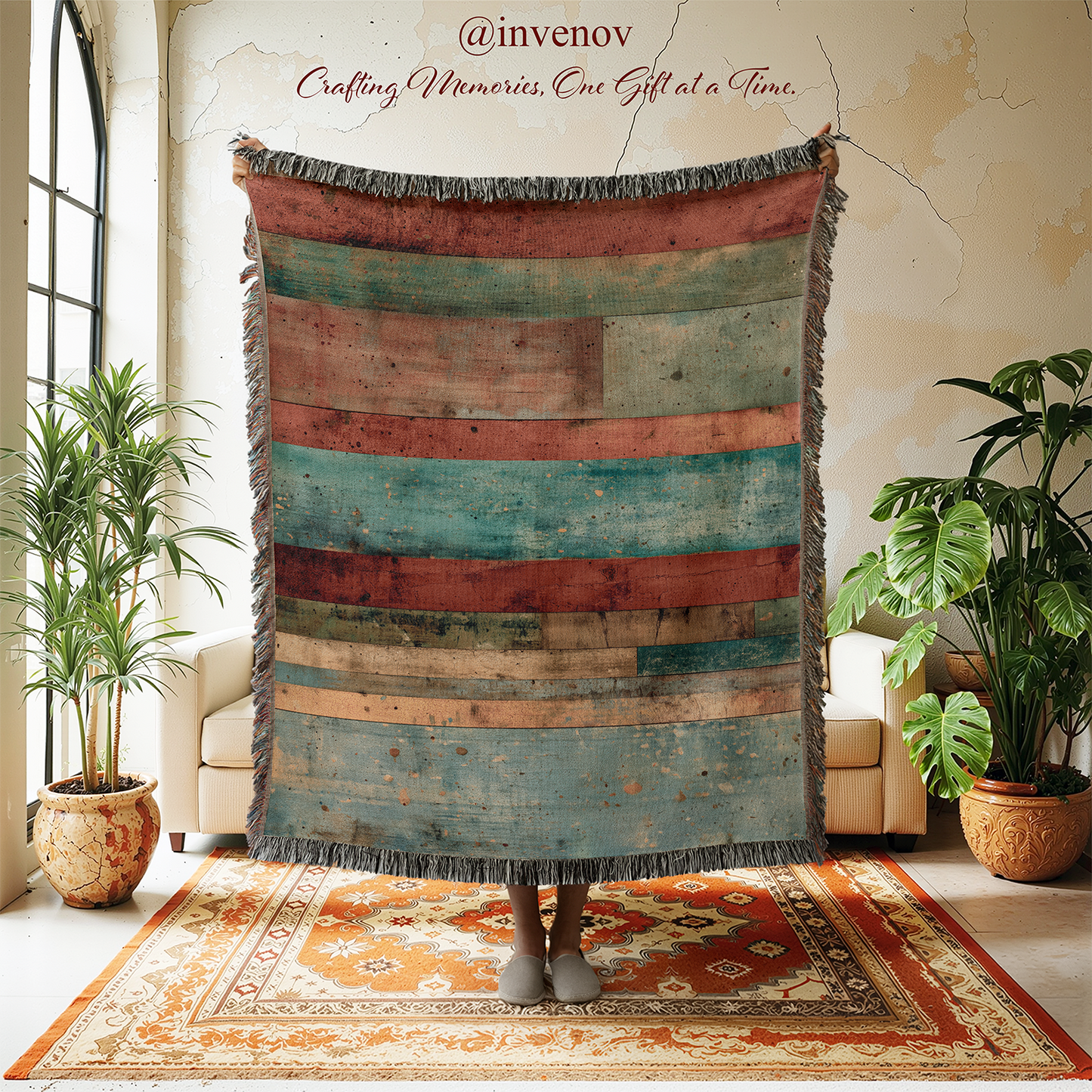Woven blanket with striped pattern in a room with plants and a rug.