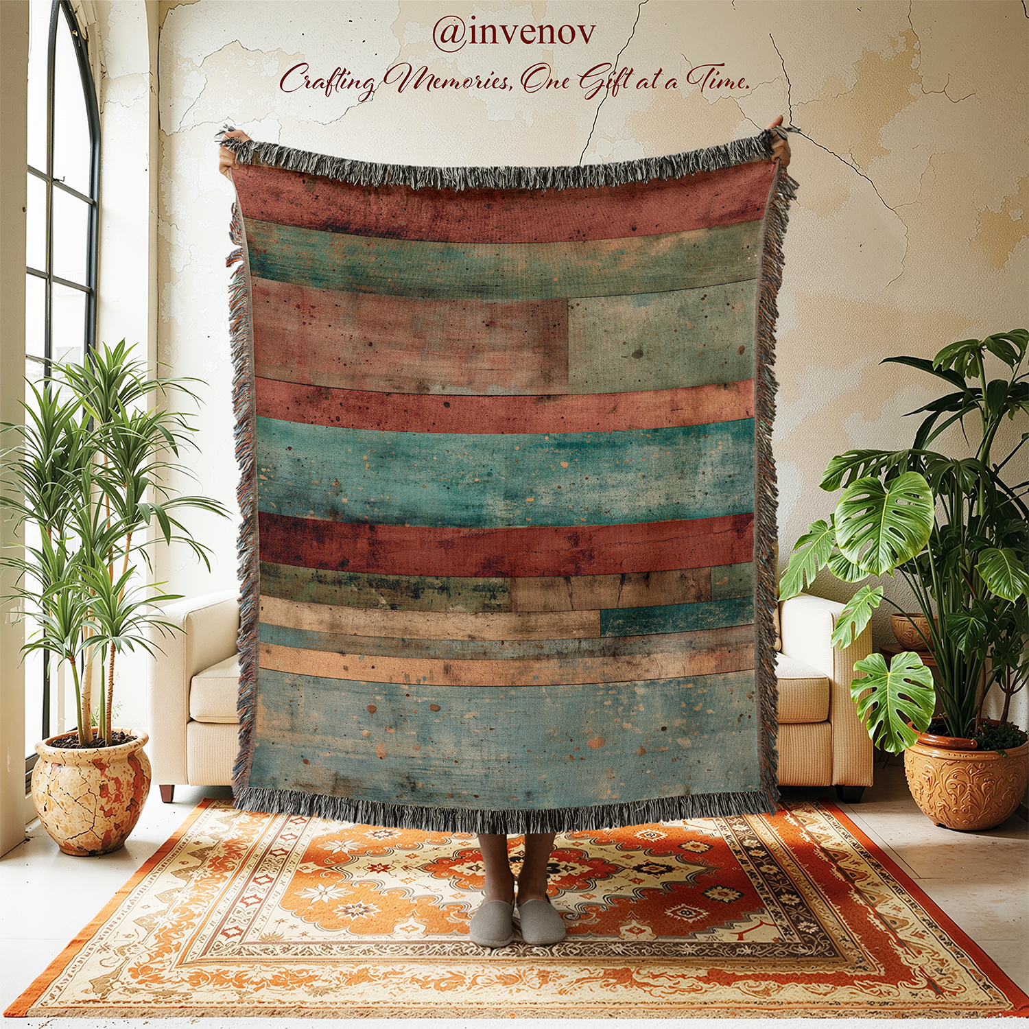 Woven blanket with striped pattern in a room with plants and a rug.