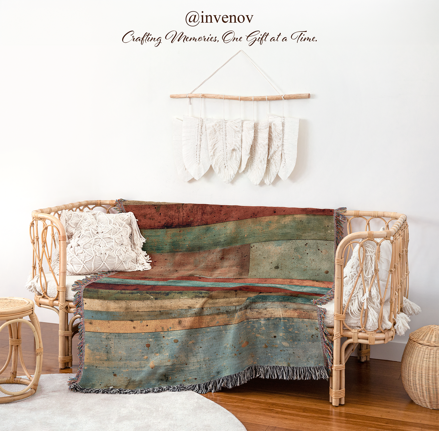 Woven bench with a colorful blanket draped over it, set against a white wall with decorative elements.