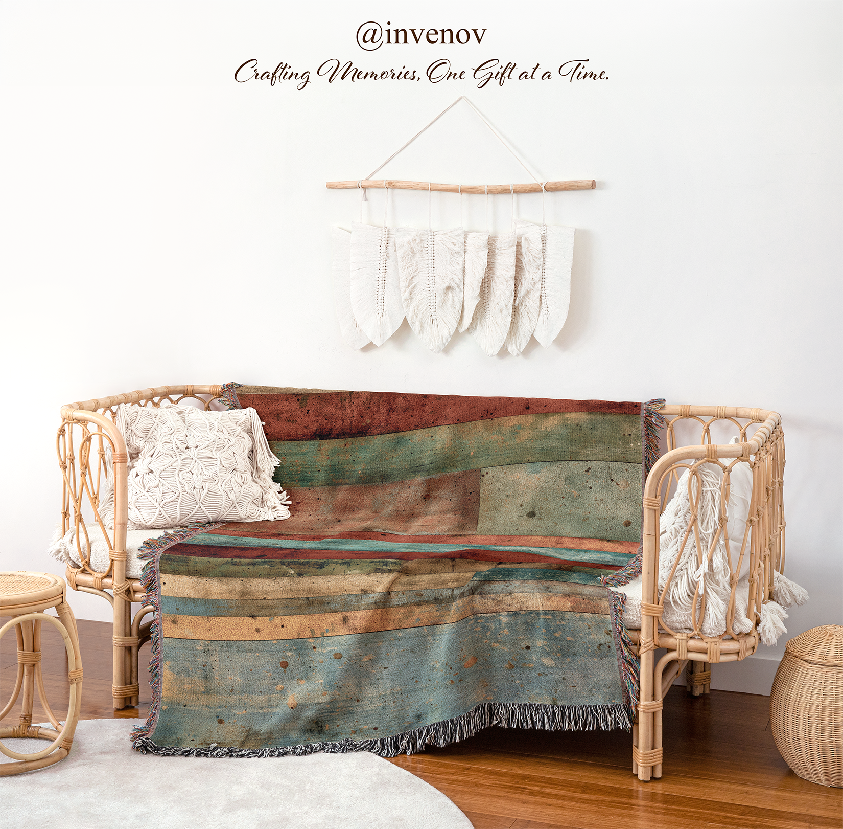 Woven bench with a colorful blanket draped over it, set against a white wall with decorative elements.