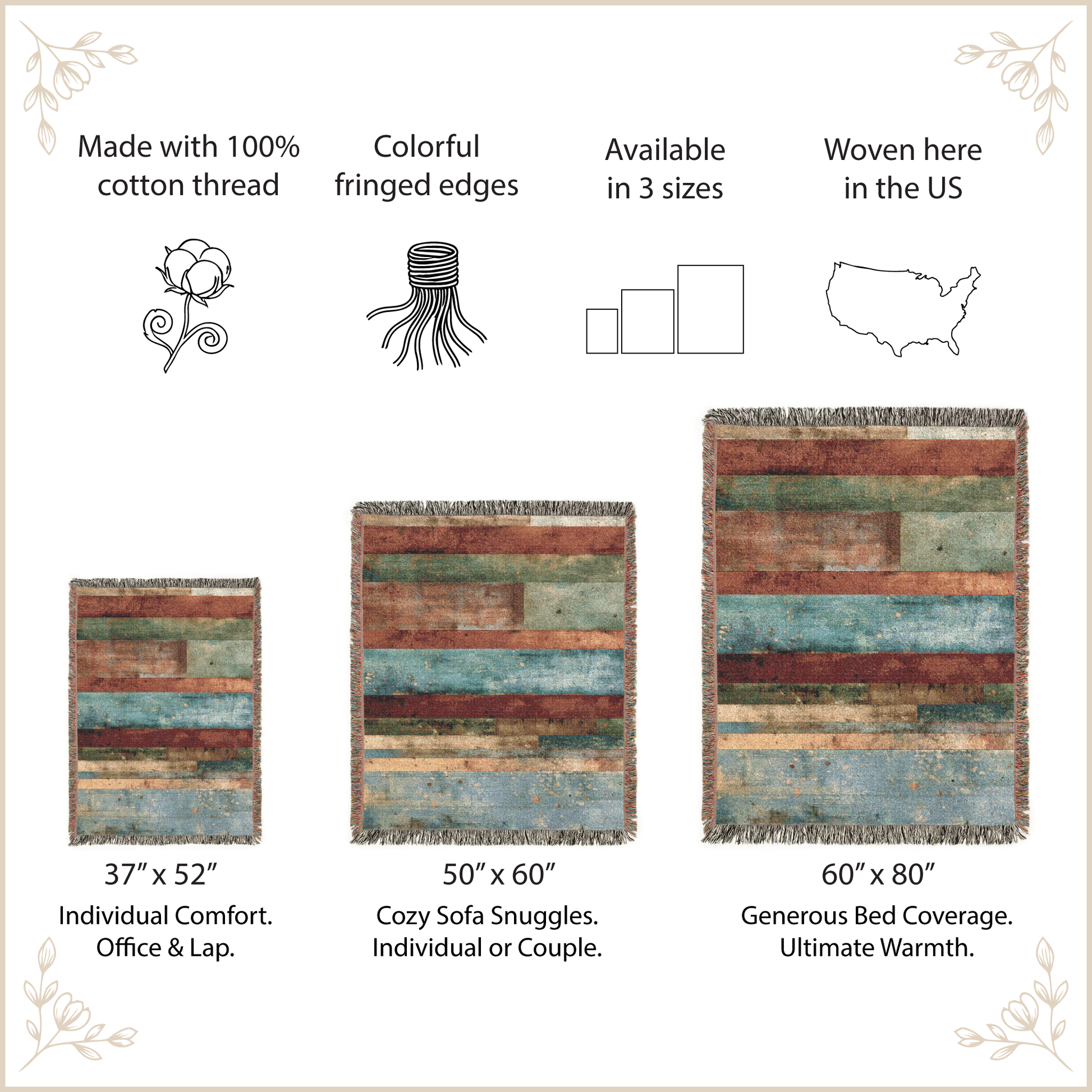 blanket with colorful striped pattern and text describing product features and sizes.