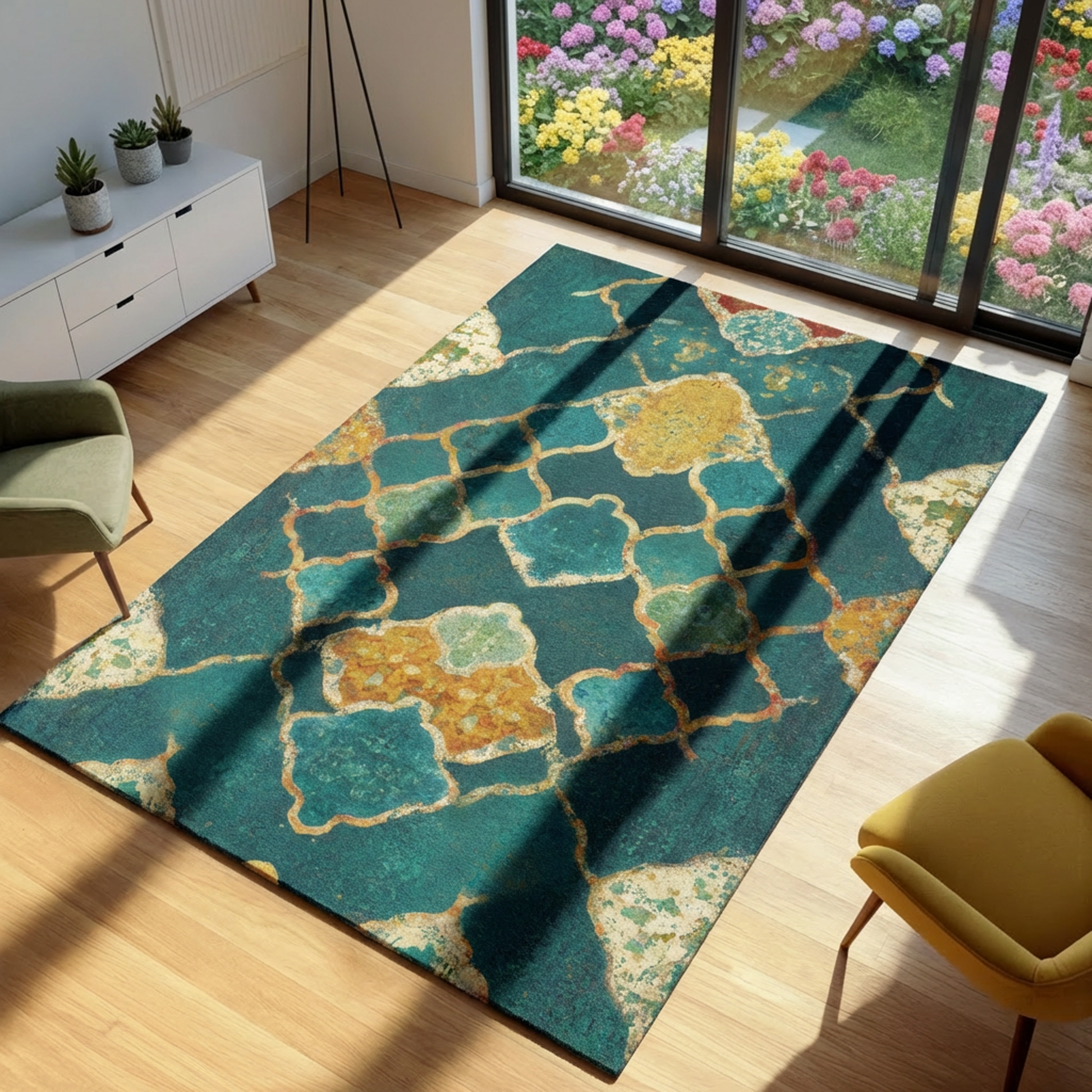Decorative rug with geometric pattern in a room with furniture and a view of flowers outside.