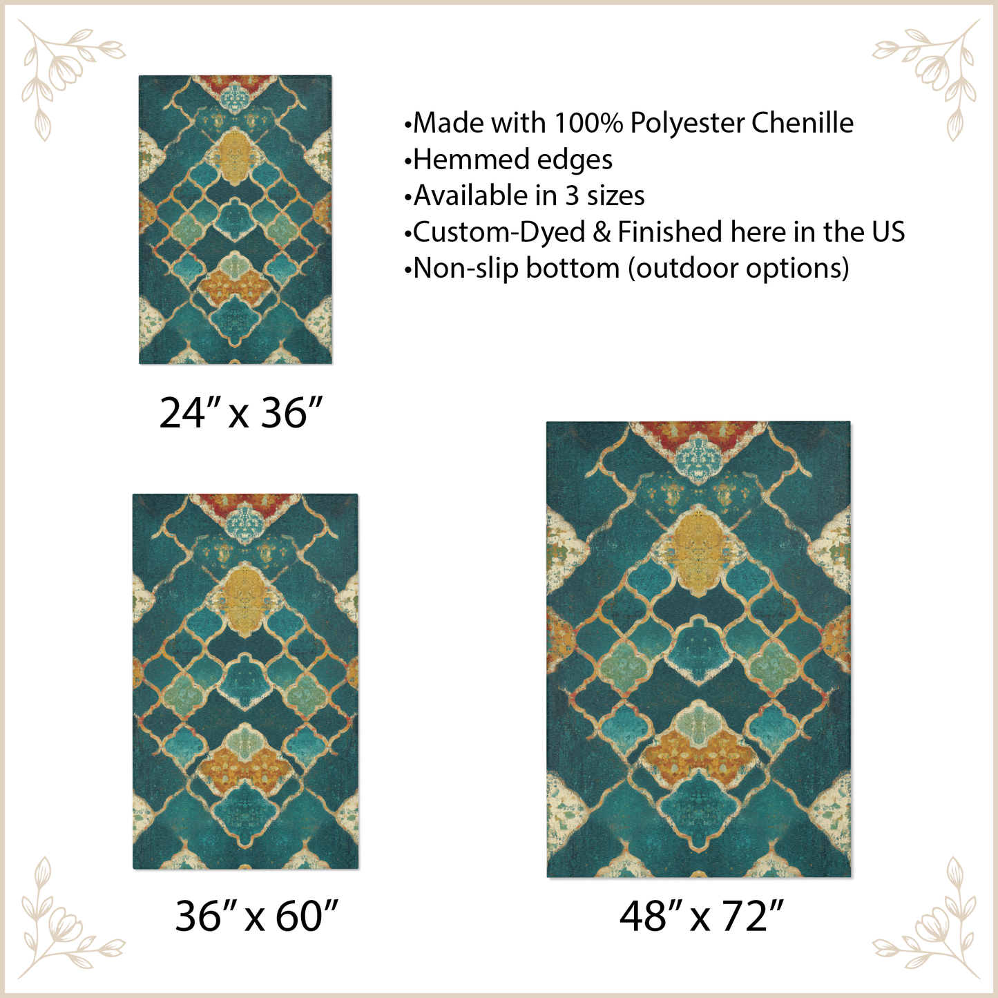 Teal patterned rug with size options and product details on a beige background